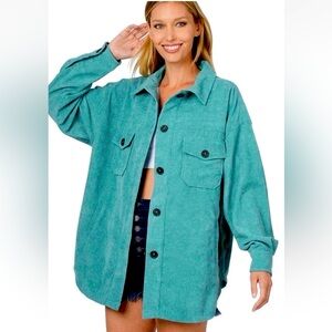Zenana Chic Washed Corduroy Shacket Jacket Teal Blue XL Oversized Vintage Look